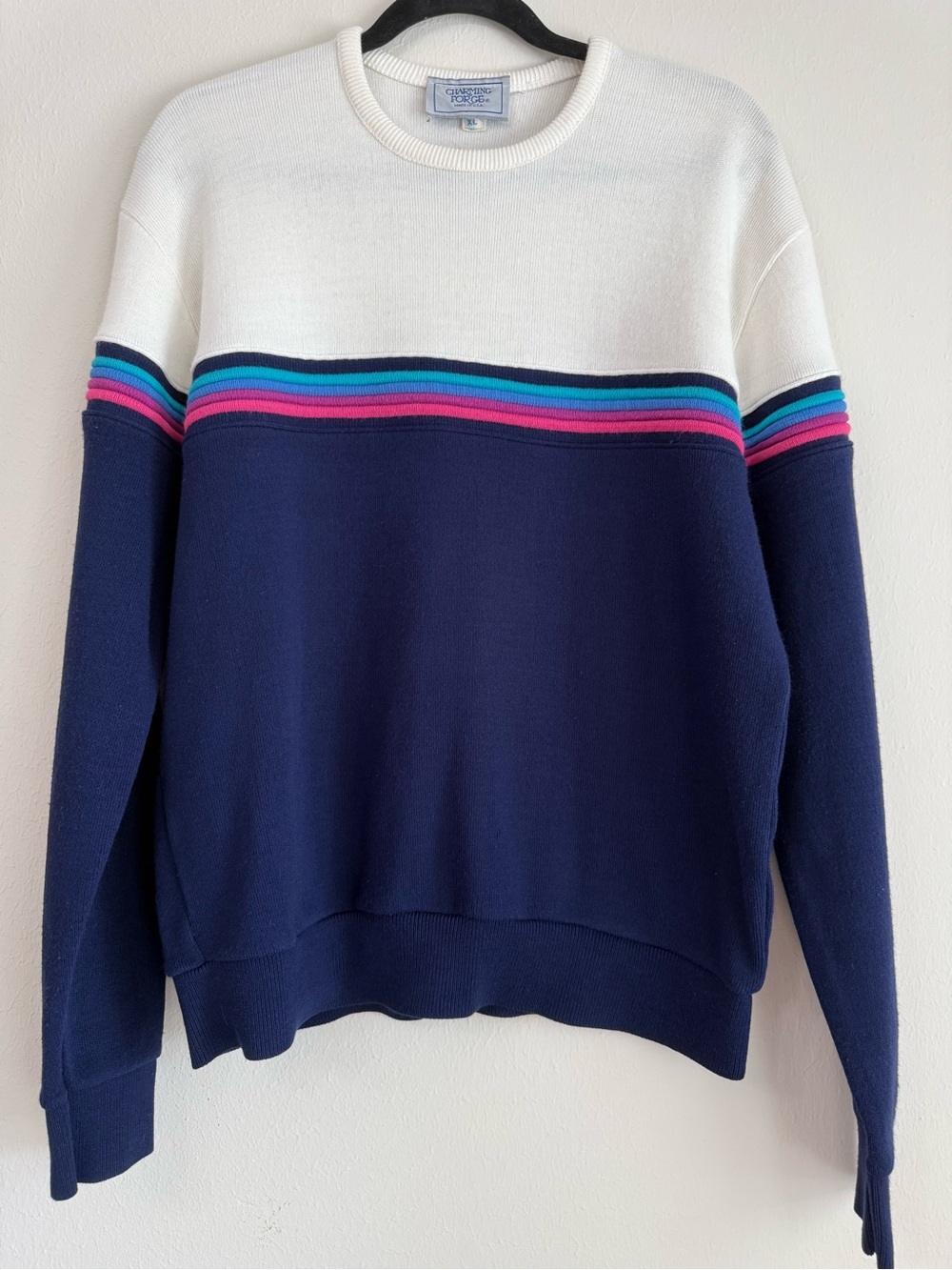 Vintage Crewneck Colorblock Stripe Sweater - Navy & White